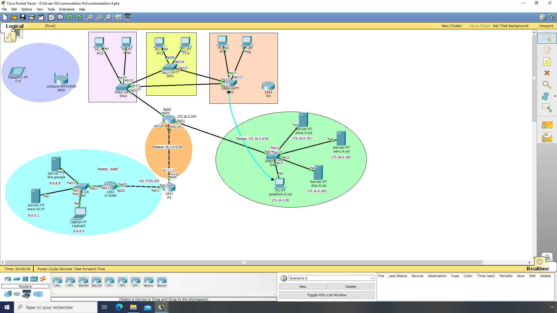 Interface de simulation avec Packet Tracer