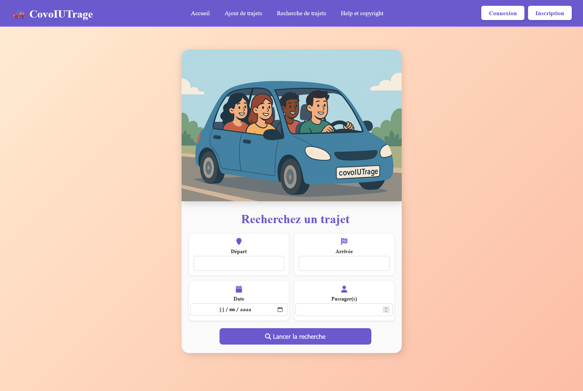 Interface de recherche Covoiturage